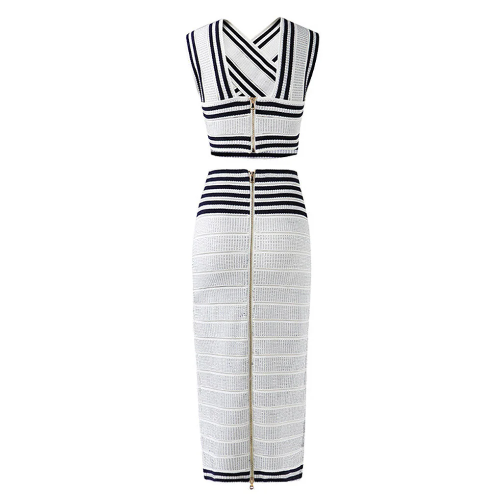 Textured Loop Detail Striped Sleeveless Criss Cross Fitted Crop Top Matching Set - Image 2
