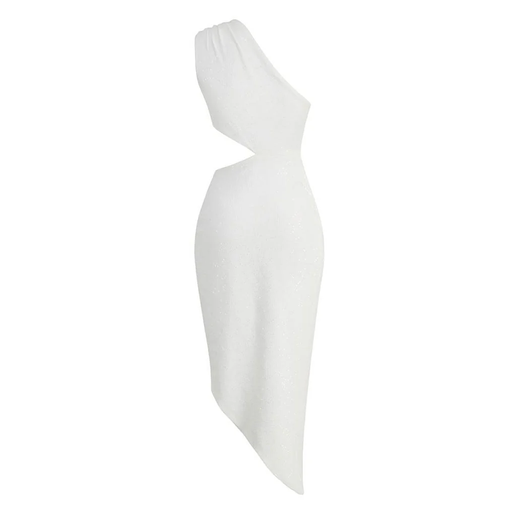 Textured Sequin Metal Decor One Shoulder CutOut Ruched Slit Midi Cocktail Dress - Image 2