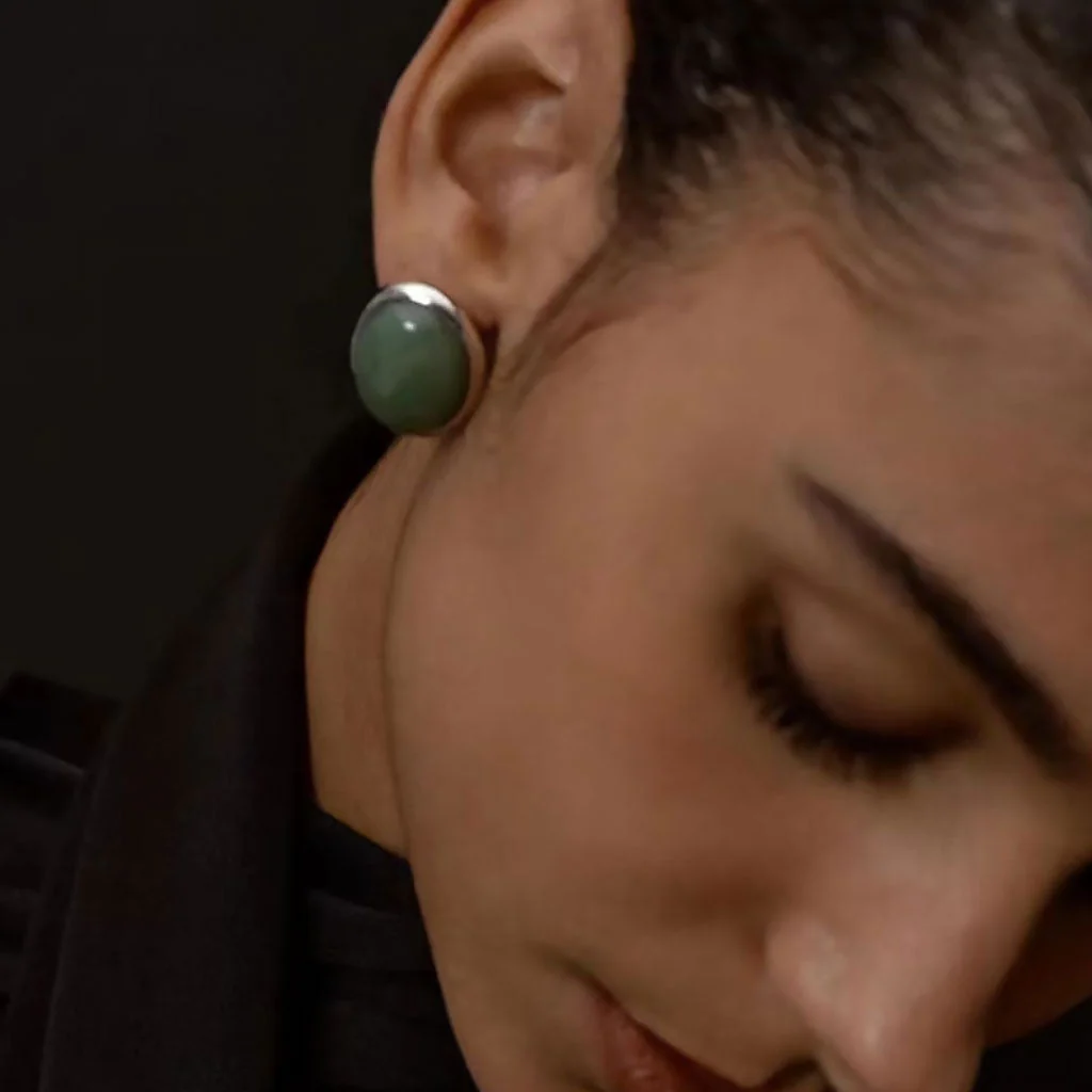THE HOURS Quiet Luxury Oral Emerald Jade Rhodium Plated Stud Earrings - Image 3