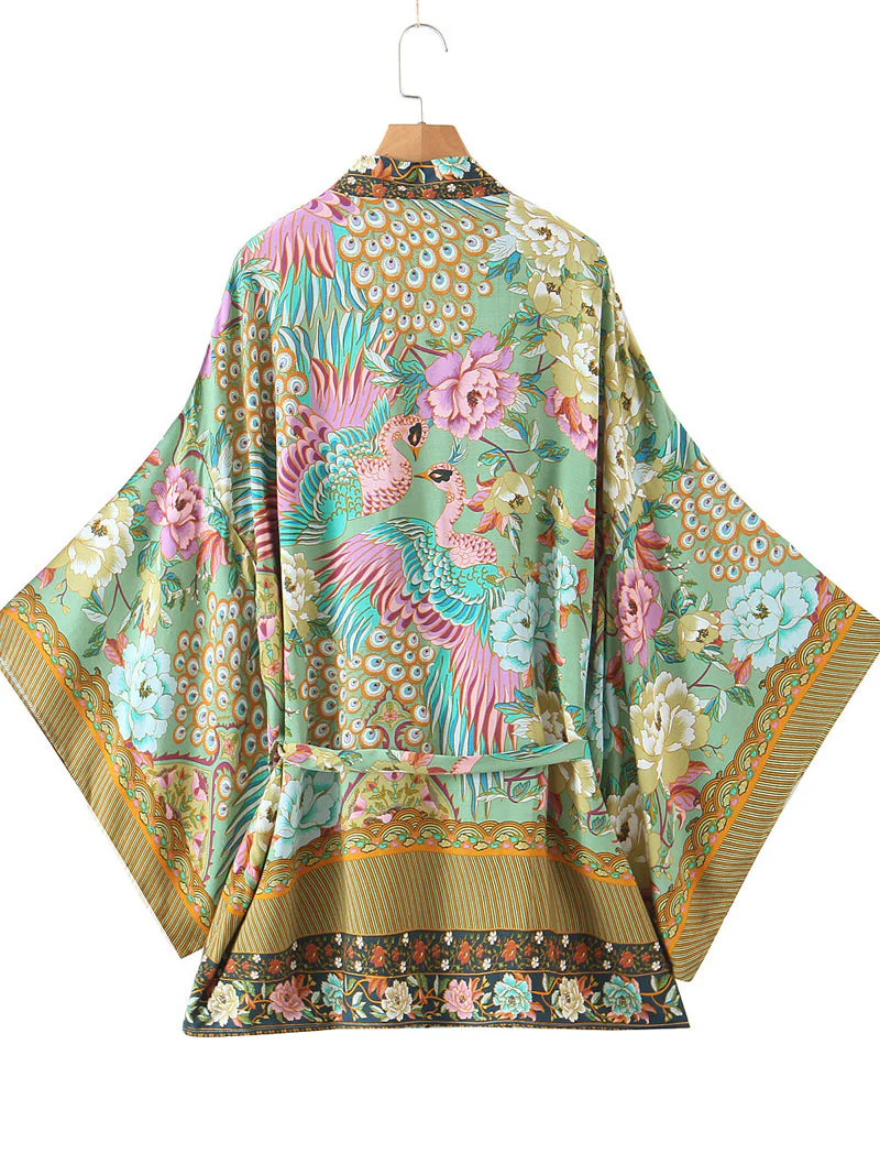 Kimono Floral Birds Print Green Color Cotton Short Gown Kimono Duster - Image 2