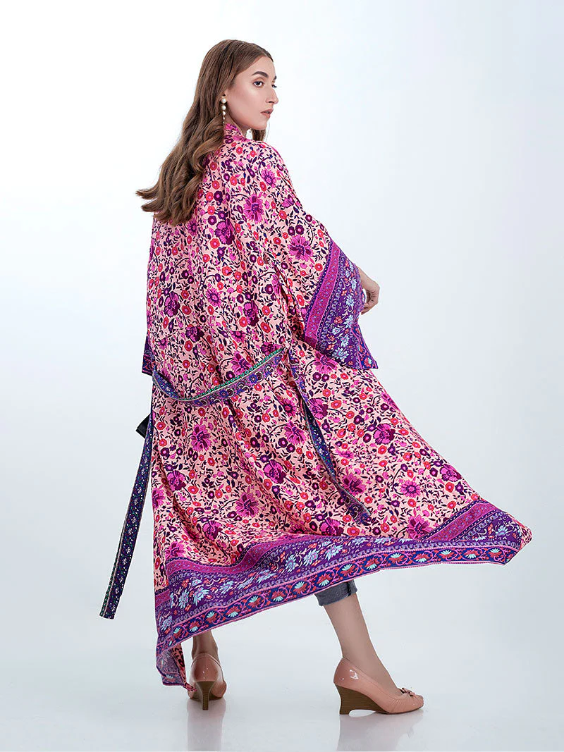 Bridal Wear Long Length Floral Print Purple Color Cotton Gown Kimono Robe - Image 2