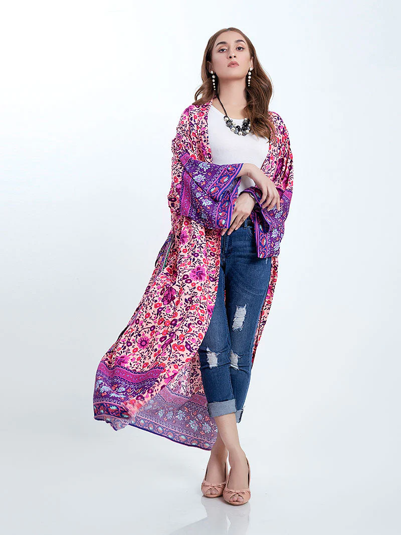 Bridal Wear Long Length Floral Print Purple Color Cotton Gown Kimono Robe - Image 4