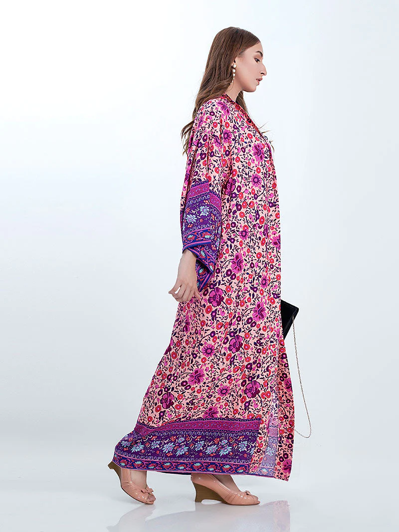 Bridal Wear Long Length Floral Print Purple Color Cotton Gown Kimono Robe - Image 5