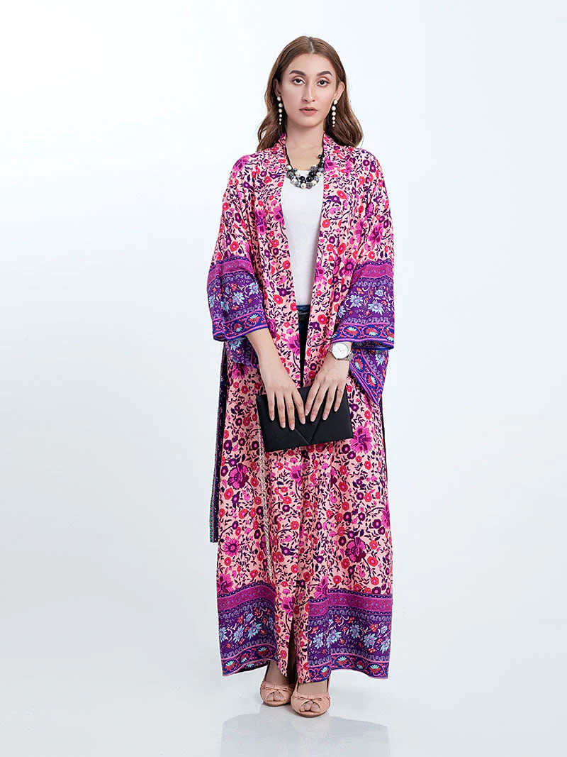 Bridal Wear Long Length Floral Print Purple Color Cotton Gown Kimono Robe - Image 6