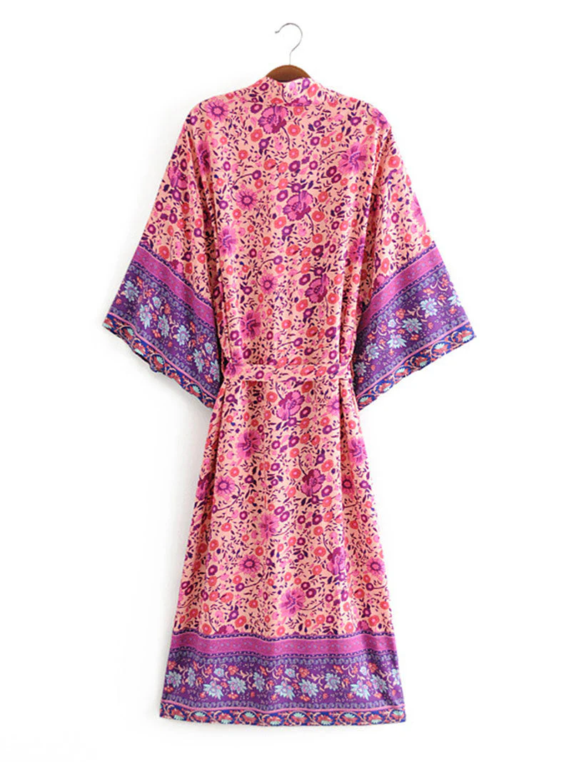 Bridal Wear Long Length Floral Print Purple Color Cotton Gown Kimono Robe - Image 8
