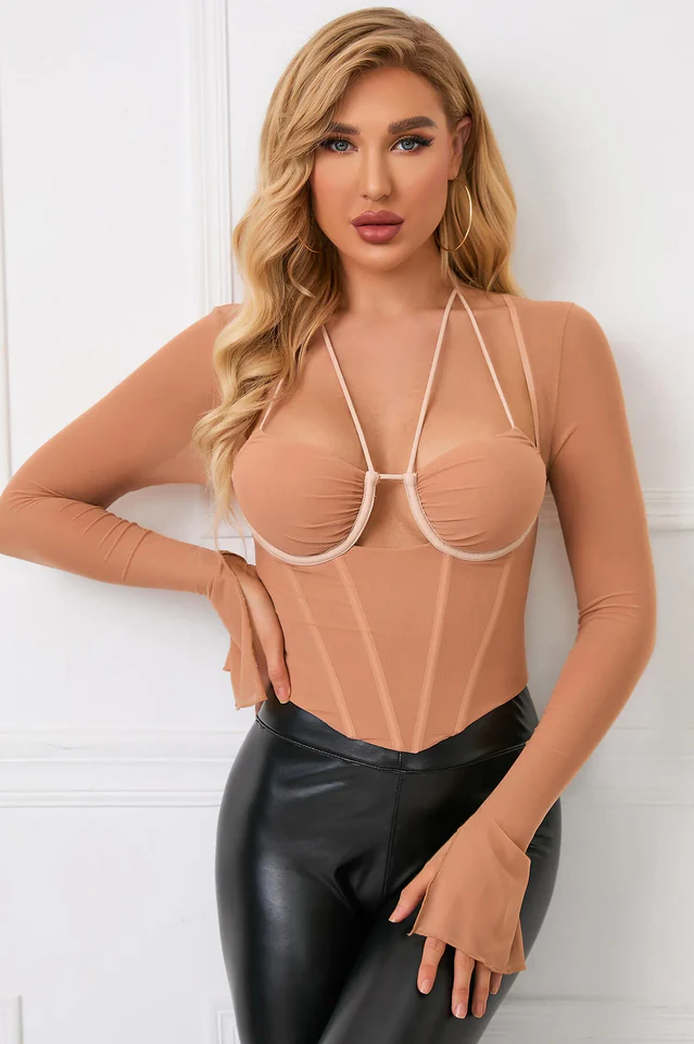 Tie Back Split Cuff Ruched Mesh Top - Image 22