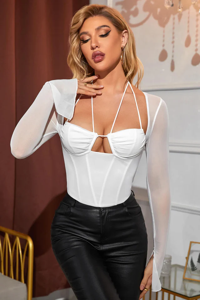 Tie Back Split Cuff Ruched Mesh Top - Image 9