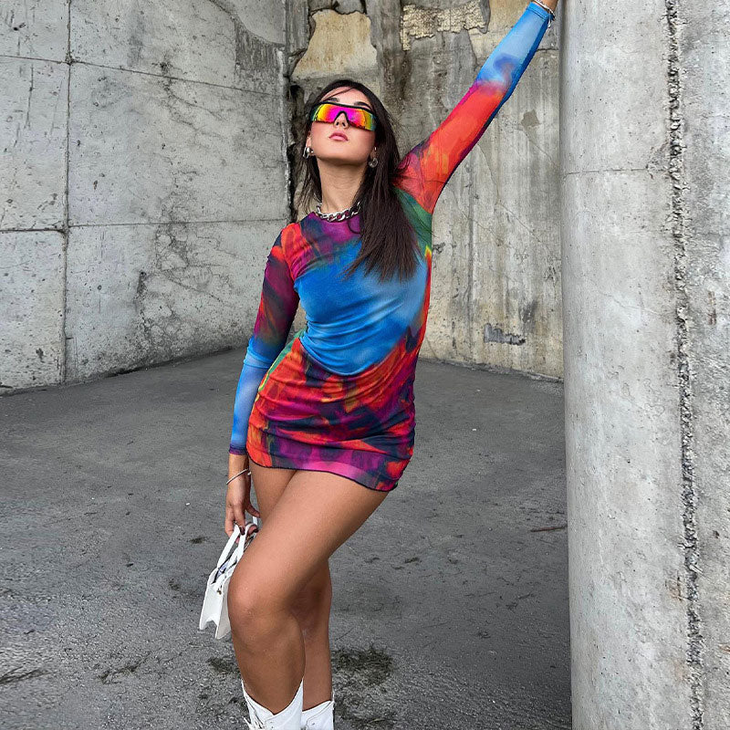 Tie Dye Crew Neck Long Sleeve Cut Out Bodycon Mini Dress - Multicolor - Image 3