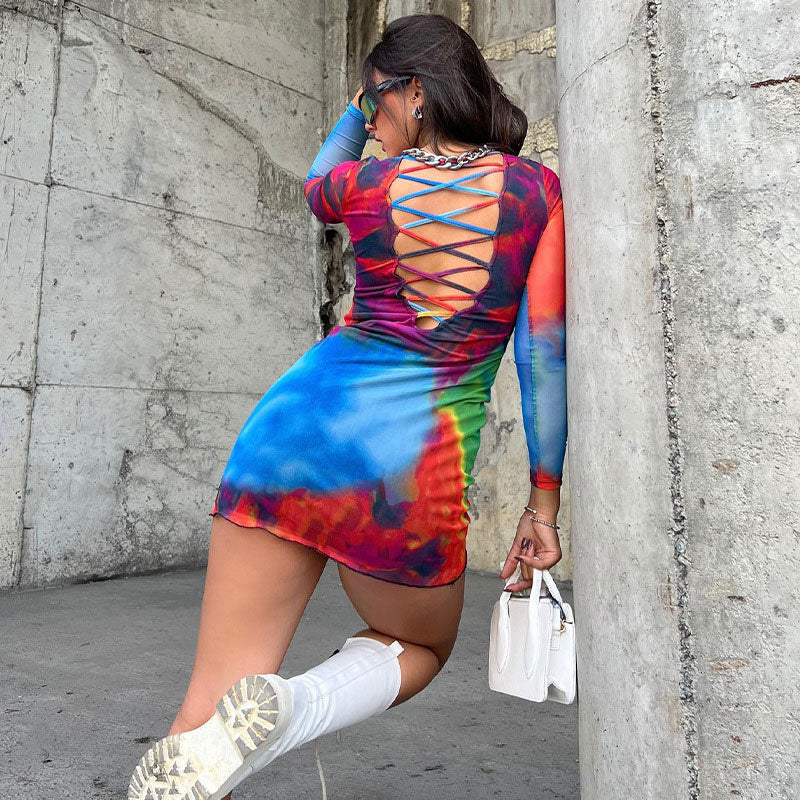 Tie Dye Crew Neck Long Sleeve Cut Out Bodycon Mini Dress - Multicolor - Image 4