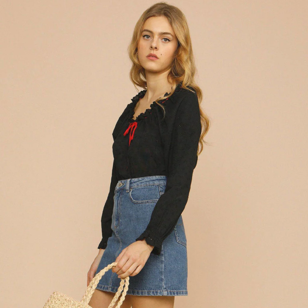 Tie Front Long Sleeve Anglaise Broderie Scoop Neck Blouse - Black - Image 2