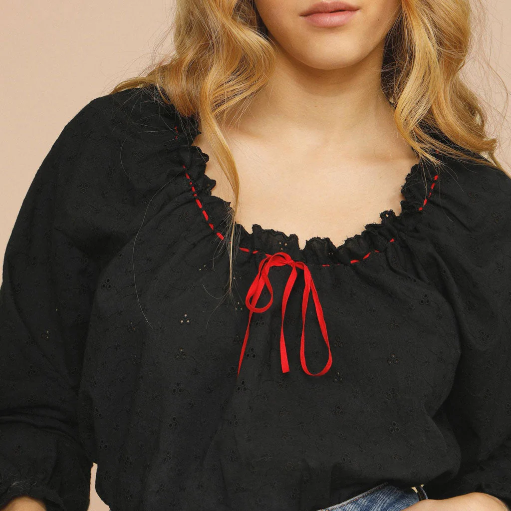 Tie Front Long Sleeve Anglaise Broderie Scoop Neck Blouse - Black - Image 3