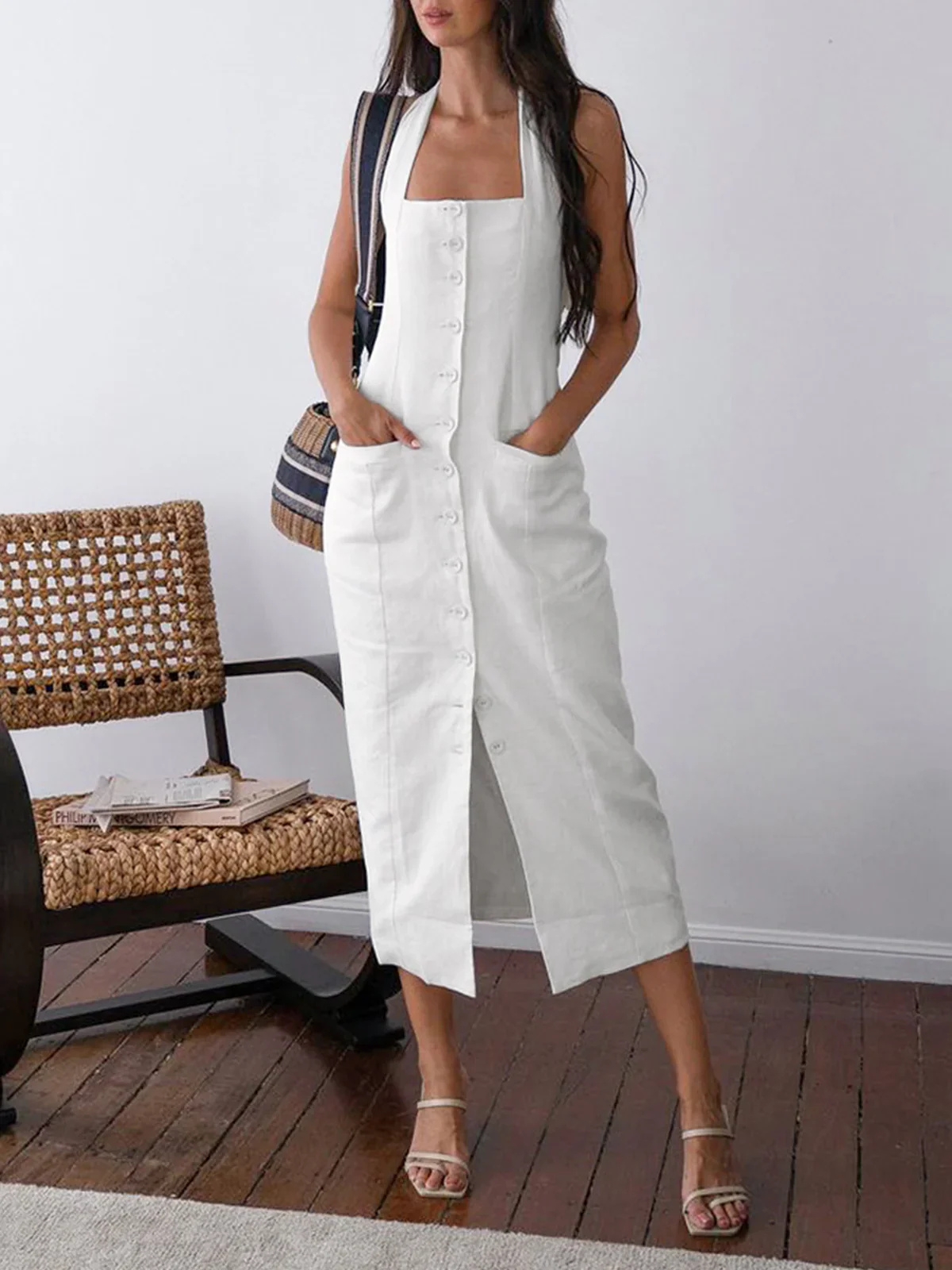 Tied Halter Open Back Cotton Linen Midi Dress - Image 2