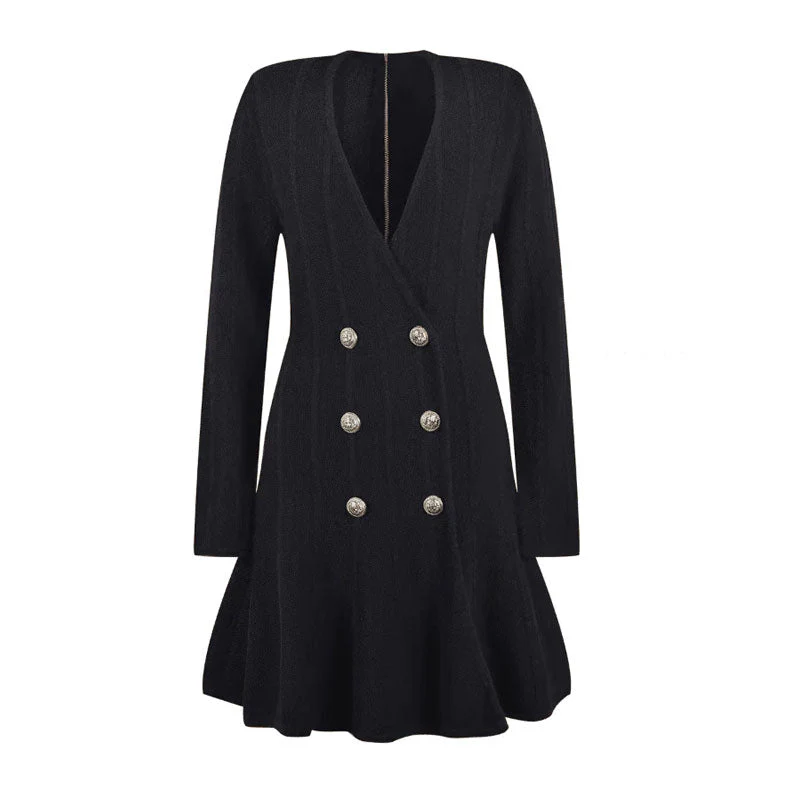 Tonal Striped Button Detail Shoulder Pad Fit and Flare Mini Sweater Dress - Black - Image 5