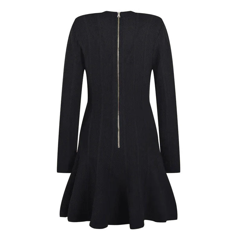 Tonal Striped Button Detail Shoulder Pad Fit and Flare Mini Sweater Dress - Black - Image 6