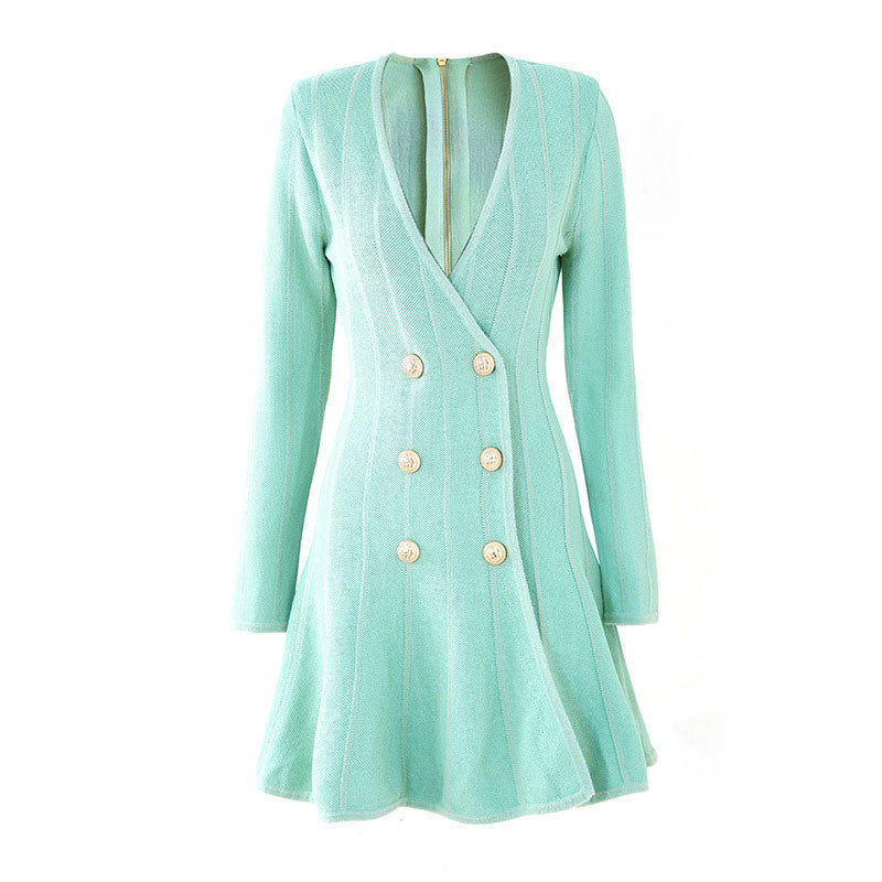 Tonal Striped Button Detail Shoulder Pad Fit and Flare Mini Sweater Dress - Blue - Image 3