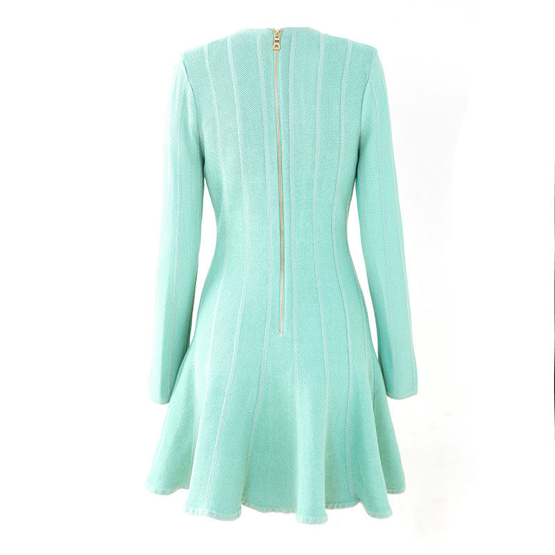 Tonal Striped Button Detail Shoulder Pad Fit and Flare Mini Sweater Dress - Blue - Image 4