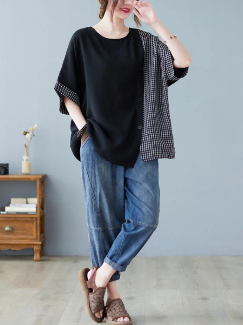 Black Short Sleeve Button Down Oversized Tops Casual Work Top - Image 3
