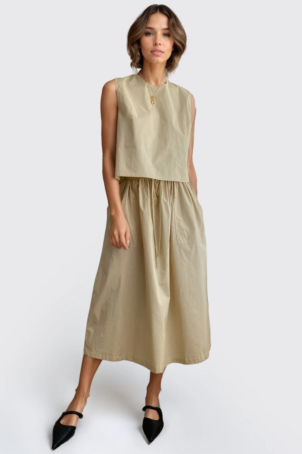 Top and Midi Skirt 2-Piece Set - Beige - Image 2