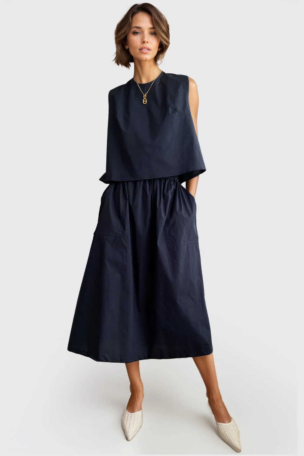 Top and Midi Skirt 2-Piece Set - Navy Blue - Image 2