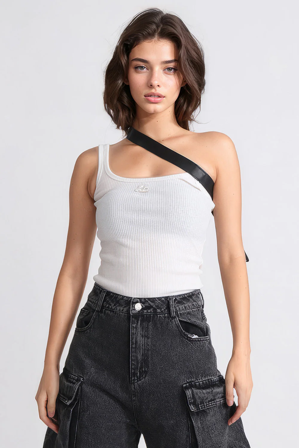 Top with Leather Strap Detail - White - Image 2