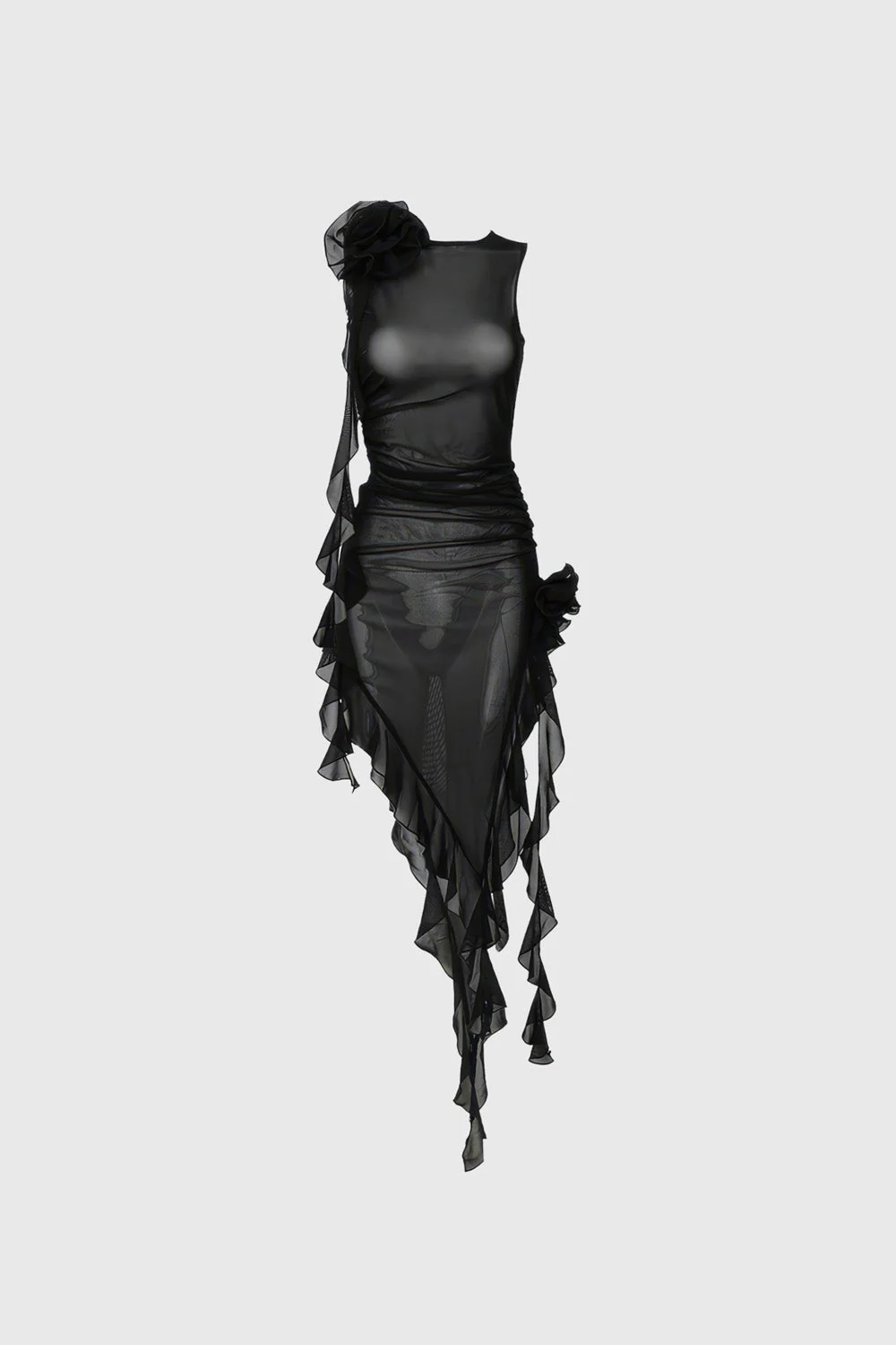 Transparent Dress with Flowers - Black - Image 3