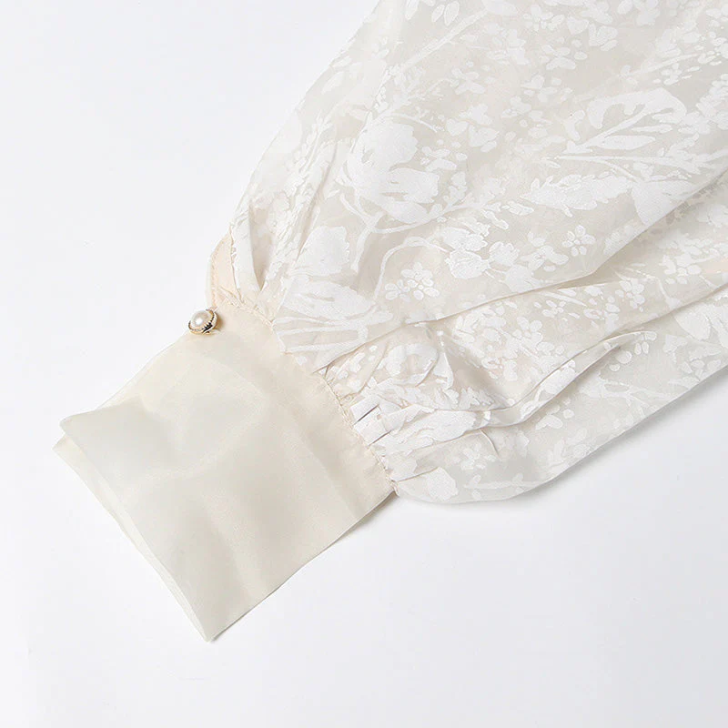 Transparent Shawl Collar Tie Belt Lantern Sleeve Floral Organza Blouse - Image 4