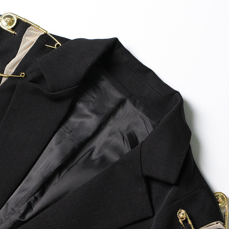 Trendsetting Safety Pin Mesh Panel Notch Lapel Single Button Tailored Blazer - Image 3