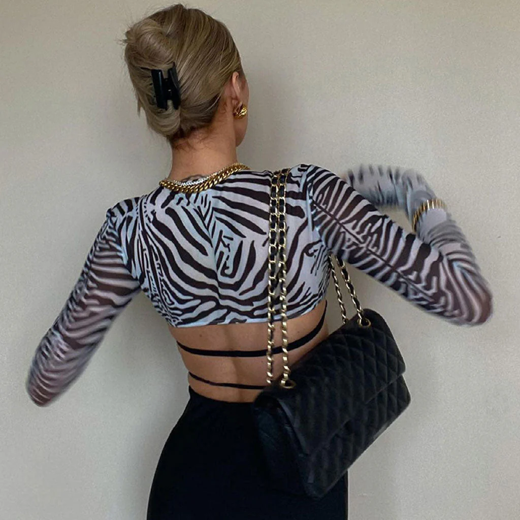 Trendy Animal Print Long Sleeve Bralette Mesh Crop Top - Zebra - Image 3
