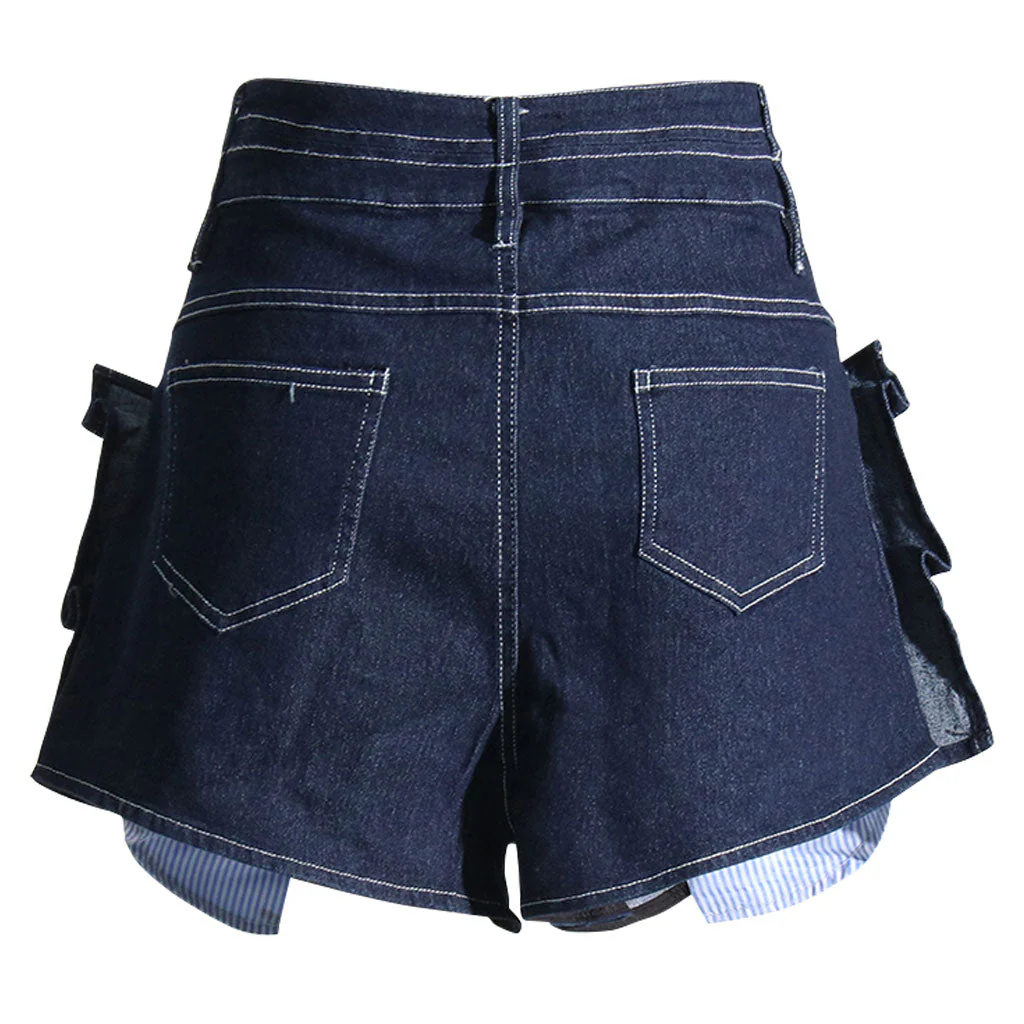 Trendy Contrast Ruffle Trim High Waist Relaxed Indigo Denim Shorts - Image 2