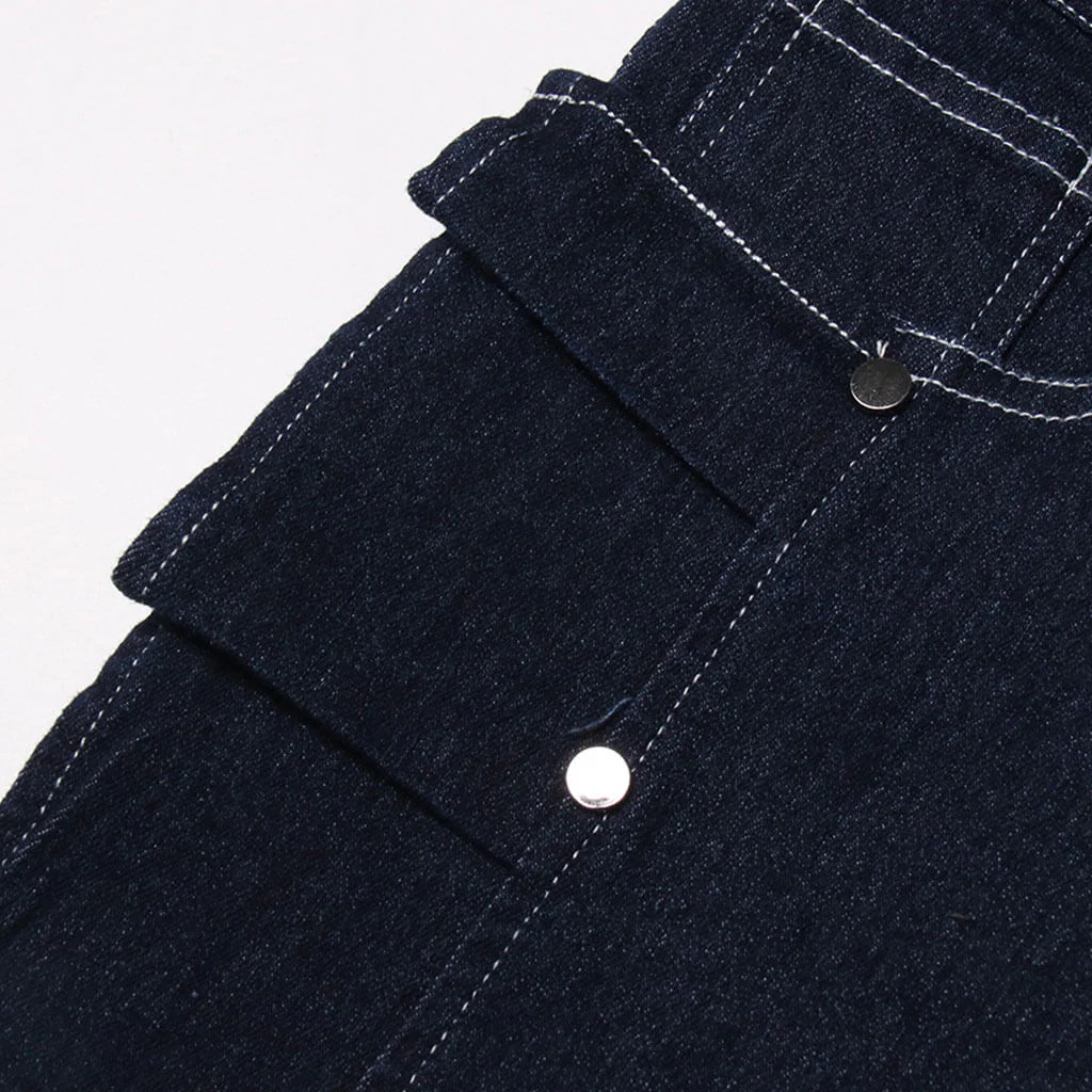 Trendy Contrast Ruffle Trim High Waist Relaxed Indigo Denim Shorts - Image 4