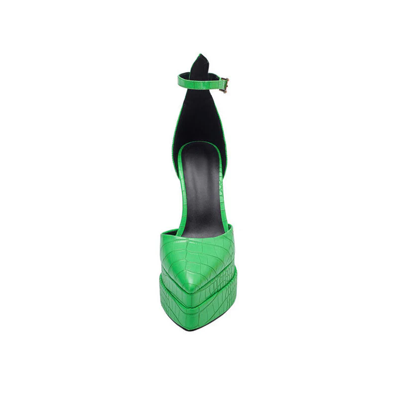Trendy Croc Effect Pointed Toe Platform Chunky Heel Pumps - Green - Image 2