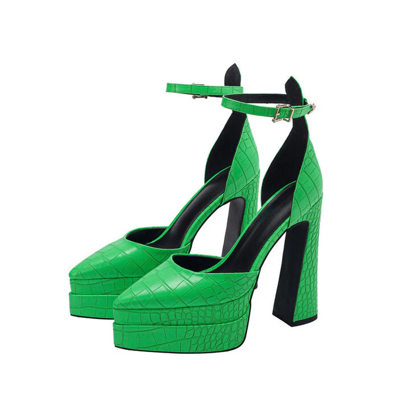 Trendy Croc Effect Pointed Toe Platform Chunky Heel Pumps - Green - Image 3