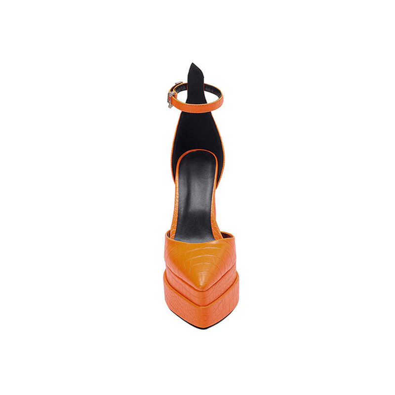 Trendy Croc Effect Pointed Toe Platform Chunky Heel Pumps - Orange - Image 2