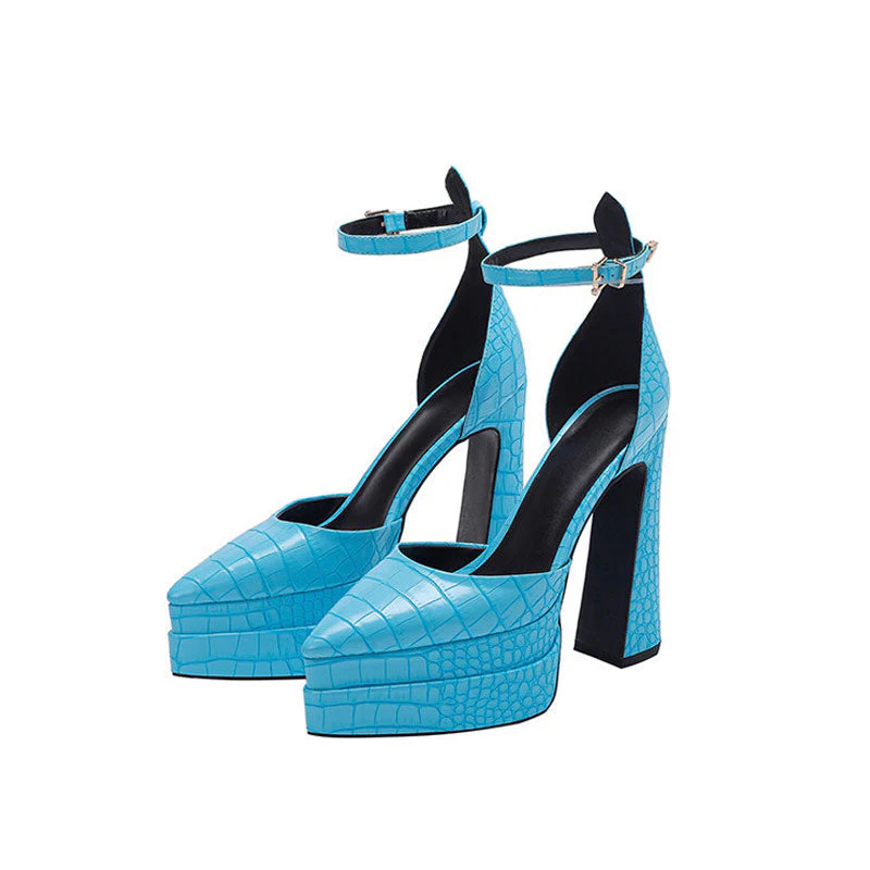 Trendy Croc Effect Pointed Toe Platform Chunky Heel Pumps - Sky Blue - Image 3