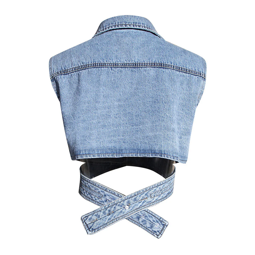 Trendy Crossover Wrap Lapel Collar Cropped Denim Vest - Image 2