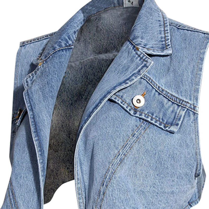 Trendy Crossover Wrap Lapel Collar Cropped Denim Vest - Image 5