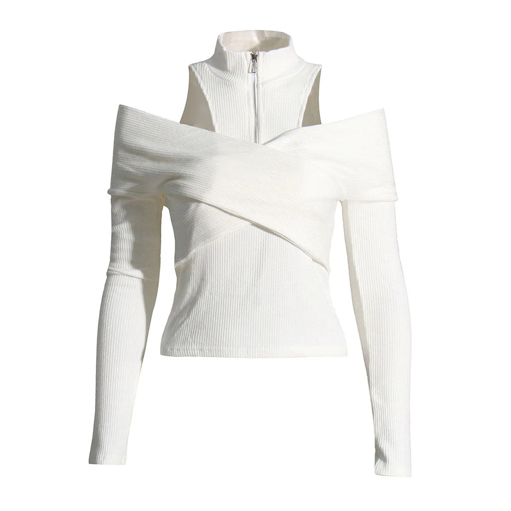 Trendy Cut Out Shoulder High Neck Half Zip Layered Cross Front Fitted Rib Knit Top - Image 2