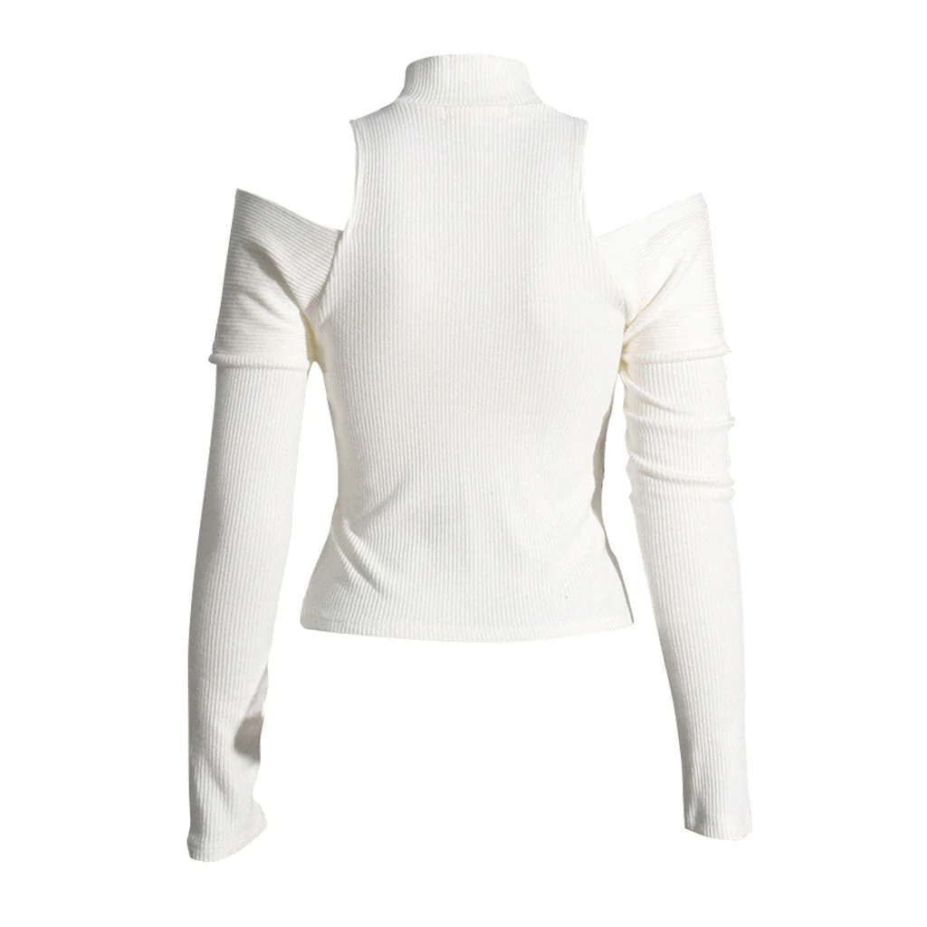 Trendy Cut Out Shoulder High Neck Half Zip Layered Cross Front Fitted Rib Knit Top - Image 3