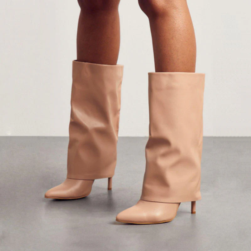 Trendy Foldover Mid Calf Faux Leather Pointed Toe Stiletto Boots - Apricot - Image 2