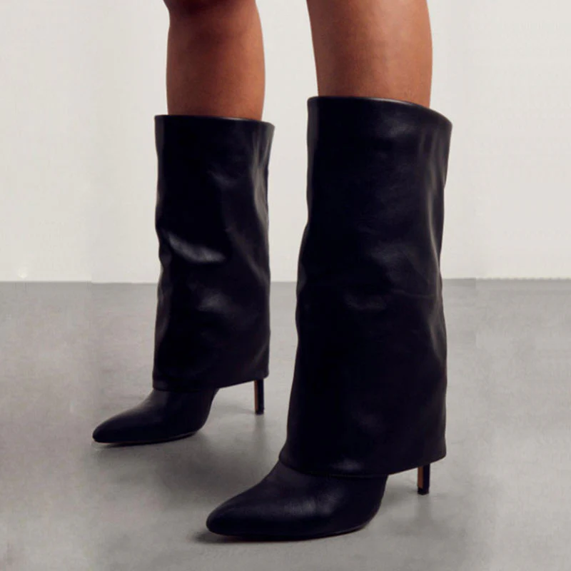 Trendy Foldover Mid Calf Faux Leather Pointed Toe Stiletto Boots - Black - Image 2