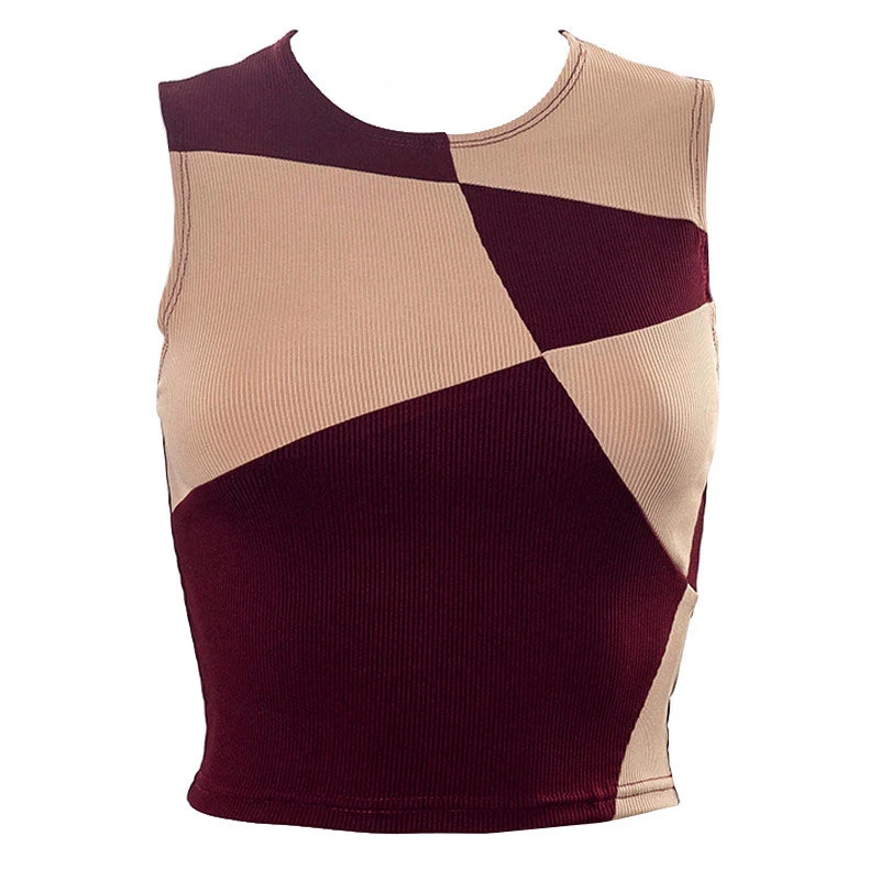 Trendy Geometric Print Crew Neck Rib Crop Tank Top - Fuchsia - Image 3