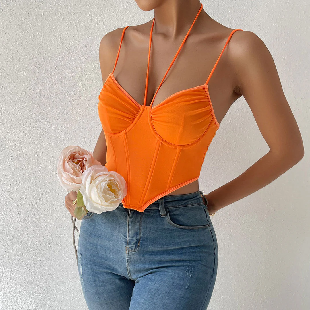 Trendy Halter Bustier Curved Sleeveless Mesh Crop Corset Top - Burnt Orange - Image 2