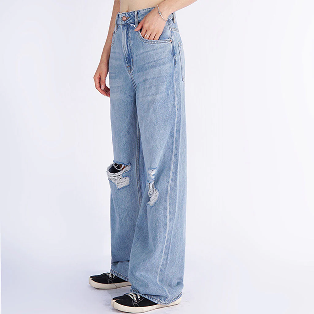 Trendy High Rise Fade Ripped Straight Wide Leg Jeans - Light Blue - Image 2