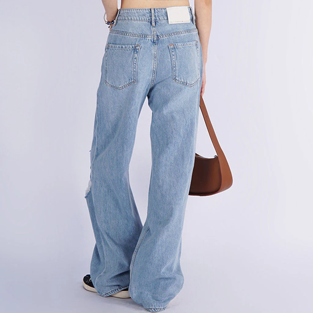 Trendy High Rise Fade Ripped Straight Wide Leg Jeans - Light Blue - Image 3