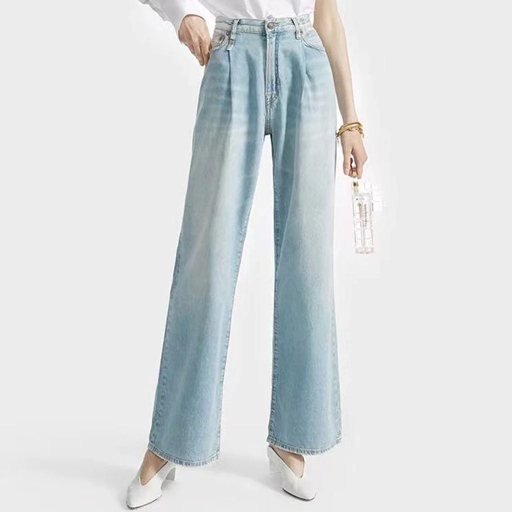 Trendy High Waist Fade Detail Pleated Wide Leg Jeans - Faded Blue - Image 2