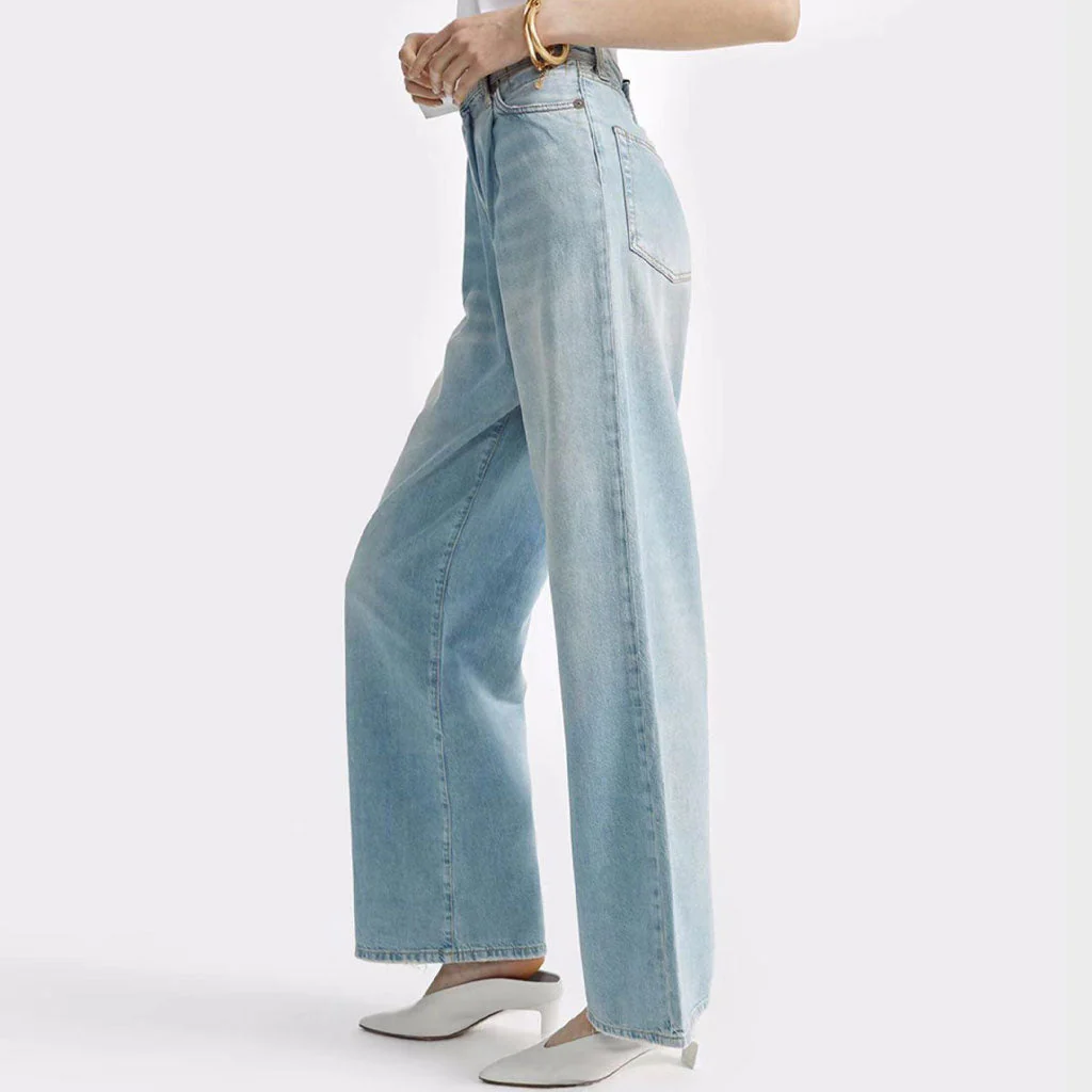 Trendy High Waist Fade Detail Pleated Wide Leg Jeans - Faded Blue - Image 3