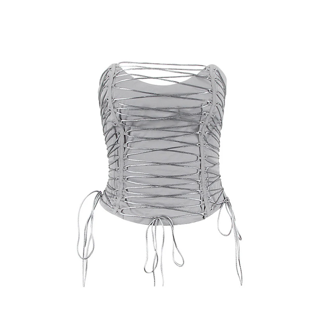 Trendy Lace Up Sweetheart Neck Sleeveless Tube Crop Top - Gray - Image 4