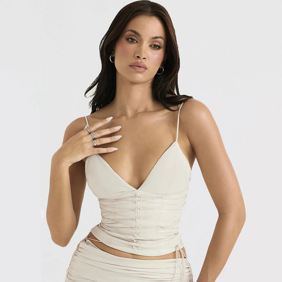 Trendy Lace Up Vegan Leather Deep V Tank Crop Top - Ivory - Image 2