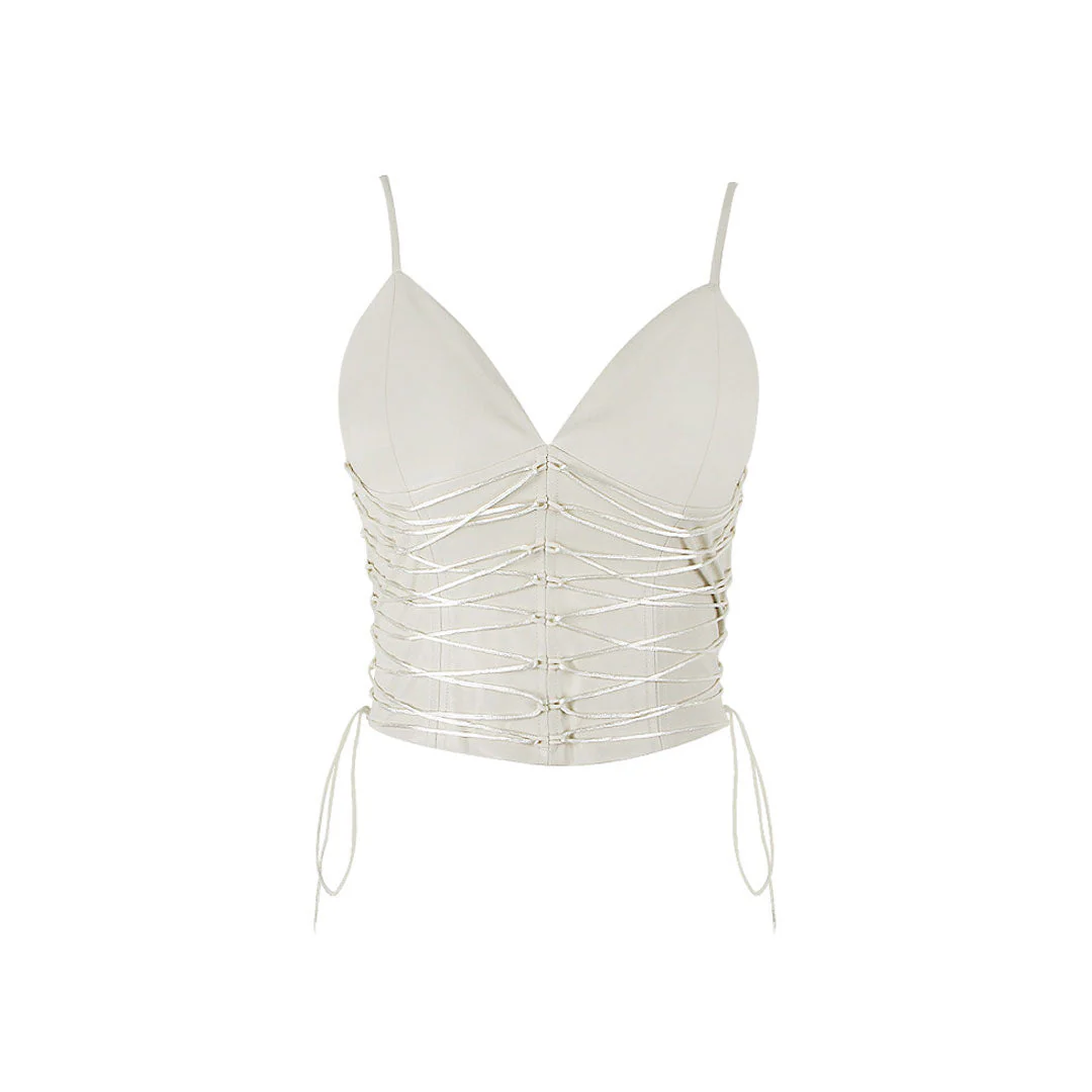 Trendy Lace Up Vegan Leather Deep V Tank Crop Top - Ivory - Image 5