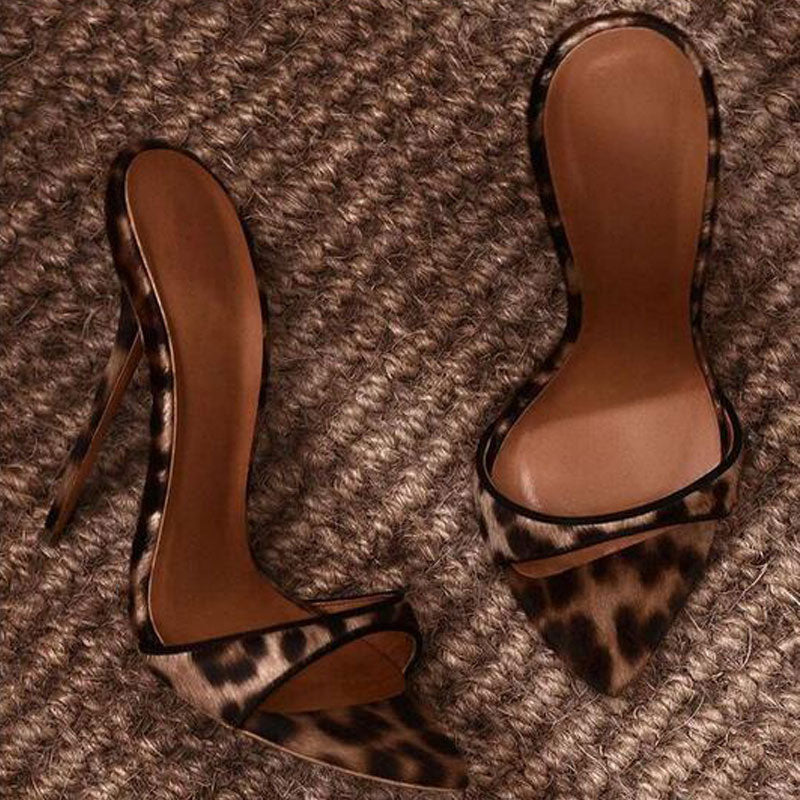 Trendy Leopard Print Open Pointed Toe High Heel Mules - Brown - Image 3